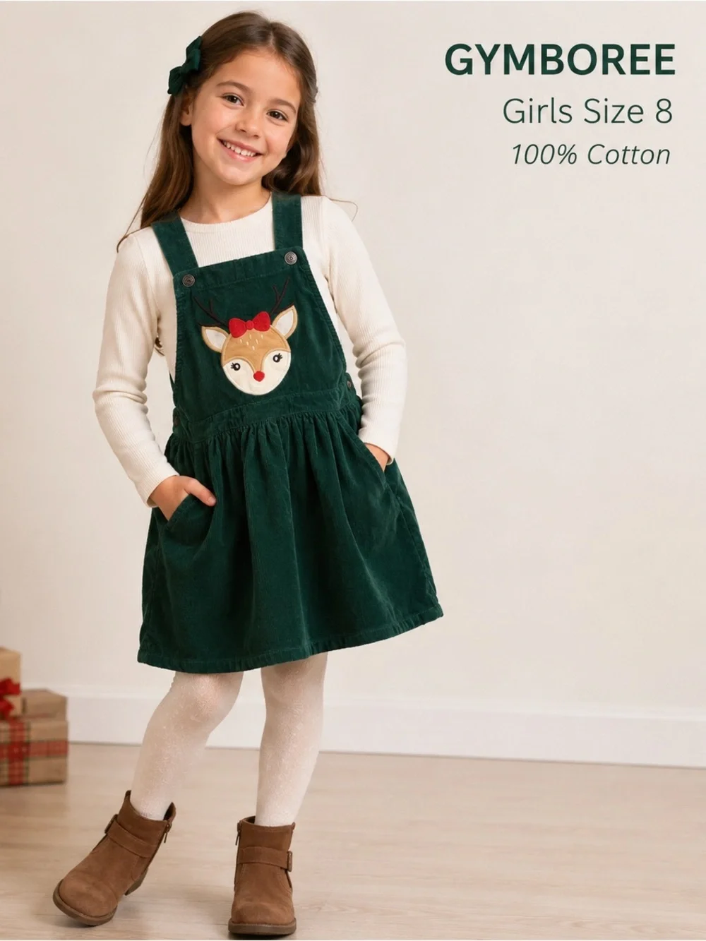 Gymboree Girls Green Corduroy Reindeer Jumper Dress Size 8 Christmas Holiday